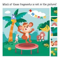 rompecabezas juego para niños. encontrar fragmentos dibujos animados ilustración. linda mono en selva. ilustración. vector