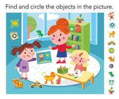 Cute girls and teacher in kindergarten. Find hidden objects. Game for children. Cartoon characters. illustration. vector