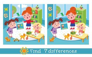 Find 7 differences. Game for children. Cute girls in kindergarten. Cartoon character. illustration. vector