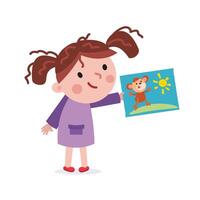 Cute little girl with drawing in hand. Cartoon character. Isolated illustration on white background. vector