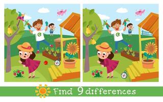 Find 9 differences. Game for children. Cute family in garden. Cartoon character. illustration. vector