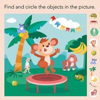 rompecabezas juego para niños. encontrar objeto. dibujos animados ilustración. linda mono en selva. ilustración, escena para diseño. vector