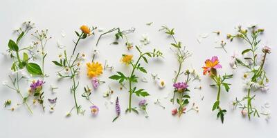 flores silvestres decoración floral flatlay en blanco antecedentes foto