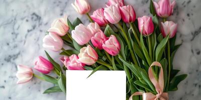 rosado tulipán tarjeta Bosquejo flatlay diseño, ai foto