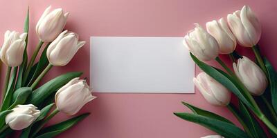 rosado tulipán tarjeta Bosquejo flatlay diseño, ai foto