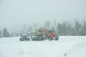 Logging truck on icy road photo