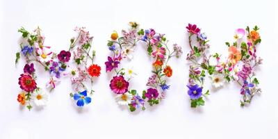 letters mom text in flowers, mother's day concept for cards, ai photo