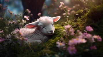 cute sleeping lamb in forest with wildflowers, ai photo
