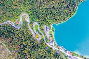 Road through forest in autumn. Aerial Drone Shot photo