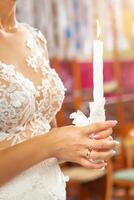 Bride and groom holding the candles. Close up. photo