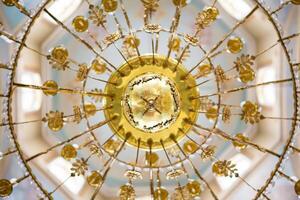 ceiling in the church with the illuminator. church lamp look from below photo