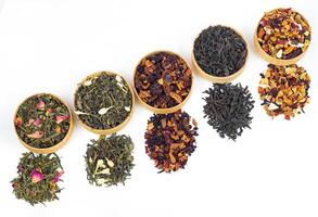 different types of tea on a white background. a kind of delicious fruit tea. photo