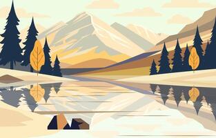 rocoso montaña paisaje con lago río y pino árbol en bosque vector