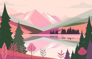 Beautiful Colorful Nature View of Lake Mountain with Pine Tree and Plant vector