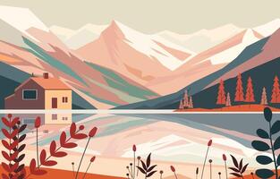 House in the Lakeside with Rocky Mountain View and Pine Tree Plant vector