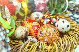 willow Sunday background of willow branches, willow bouquets. Easter top view. place for text photo