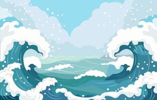 Sea Landscape Frame Background with Blue Ocean Waves in Bright Sky vector