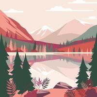 Beautiful Colorful Nature View of Lake Mountain with Pine Tree and Plant vector