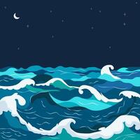 Nature Background of Blue Sea Ocean Water Waves with Crescent at Night vector