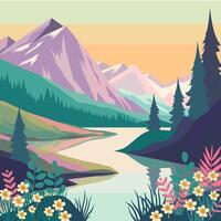Colorful Nature View of River Mountain with Pine Tree Floral Plant vector