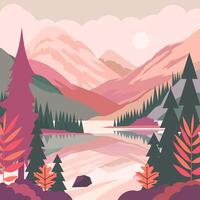 Beautiful Colorful Nature View of Lake Mountain with Pine Tree and Plant vector
