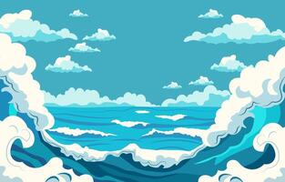 Sea Landscape Frame Background with Blue Ocean Waves in Bright Sky vector