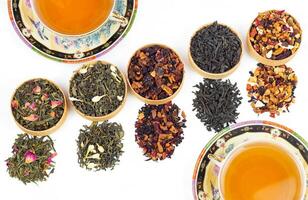 different types of tea on a white background. a kind of delicious fruit tea. photo