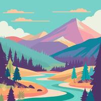 Colorful Nature View of River Mountain with Pine Tree in Forest on a Sunny Day vector