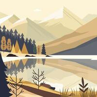 rocoso montaña paisaje con lago río y pino árbol en bosque vector