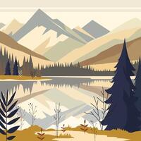 rocoso montaña paisaje con lago río y pino árbol en bosque vector