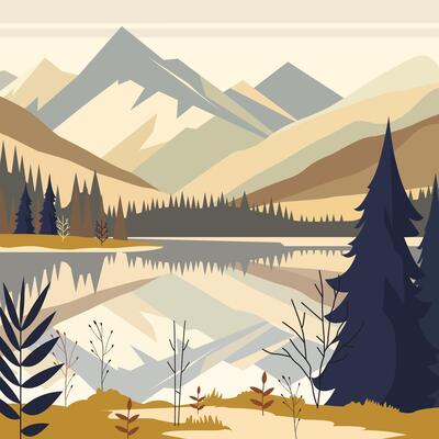 Rocky Mountain Scenery with Lake River and Pine Tree in Forest