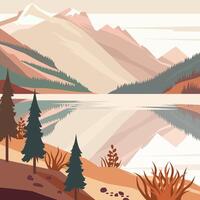 rocoso montaña paisaje con lago río y pino árbol en bosque vector