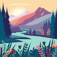 Colorful Nature View of River Mountain with Pine Tree Floral Plant vector