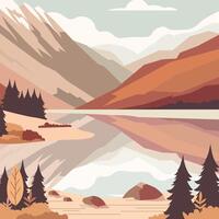 rocoso montaña paisaje con lago río y pino árbol en bosque vector