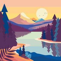 Colorful Nature View of River Mountain with Pine Tree in Forest and Sun at Sunrise vector