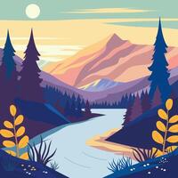 Colorful Nature View of River Mountain with Pine Tree in Forest on a Sunny Day vector
