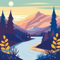 Colorful Nature View of River Mountain with Pine Tree in Forest on a Sunny Day vector