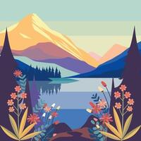 Colorful Nature View of River Mountain with Pine Tree Floral Plant vector