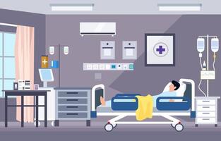 Sick Male Patient Sleeping on the Bed in Hospital Inpatient Room vector