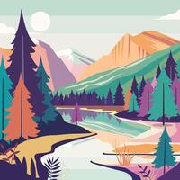 Colorful Nature View of River Mountain with Pine Tree in Forest on a Sunny Day vector