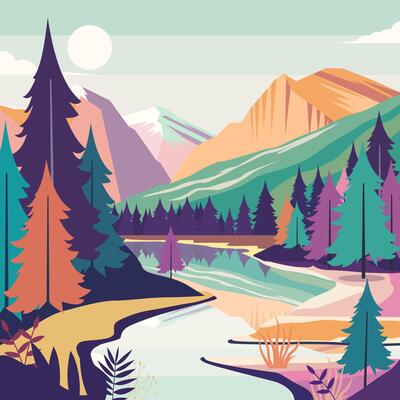 Colorful Nature View of River Mountain with Pine Tree in Forest on a Sunny Day