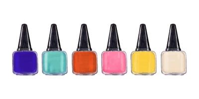 Nail polish bottles in contrasting bright colors. Multicolored pedicure accessories. Streamline glossy glass with black cap. Nail care. Beauty cosmetic. Elements for manicure design. vector