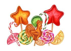Multicolored lollipops on sticks. Star shaped candy, spiral and round lollypops, circle candies, sugar cockerel, bonbons. Mix tasty caramels. Watercolor illustration isolated on white. Halloween, Xmas vector