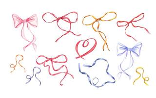 Set of colored bows with long ribbons. Fabric, textile tapes. Satin silk ribbon. Bow knot, drawstring. Watercolor illustration. Design element for decorating gifts, flower bouquets, Christmas package vector