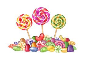 Three spiral round lollipops surrounded by colorful small caramels. Circle candies, bonbons with striped swirls, gummy. Bunch of candies of different shapes and colors. Watercolor illustration vector