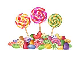 Three spiral round lollipops surrounded by colorful small caramels. Circle candies, bonbons with striped swirls, gummy. Bunch of candies of different shapes and colors. Watercolor illustration vector