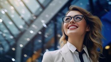 joven confidente caucásico blanco negocio mujer sonriente en corporativo antecedentes con Copiar espacio. éxito, carrera profesional, liderazgo, profesional, niña jefe en un lugar de trabajo concepto foto