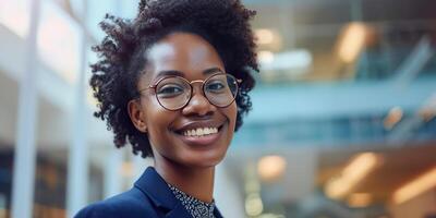 joven confidente negro africano americano negocio mujer sonriente en corporativo antecedentes con Copiar espacio. éxito, carrera profesional, liderazgo, profesional, diversidad en un lugar de trabajo concepto foto