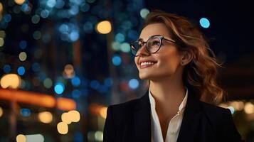 Young confident caucasian white business woman smiling in corporate background with copy space. Night city, Success, career, leadership, professional, girl boss in a workplace concept photo