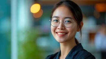 Young confident asian business woman with glasses smiling in corporate background with copy space. Success, career, leadership, professional, diversity in a workplace concept photo